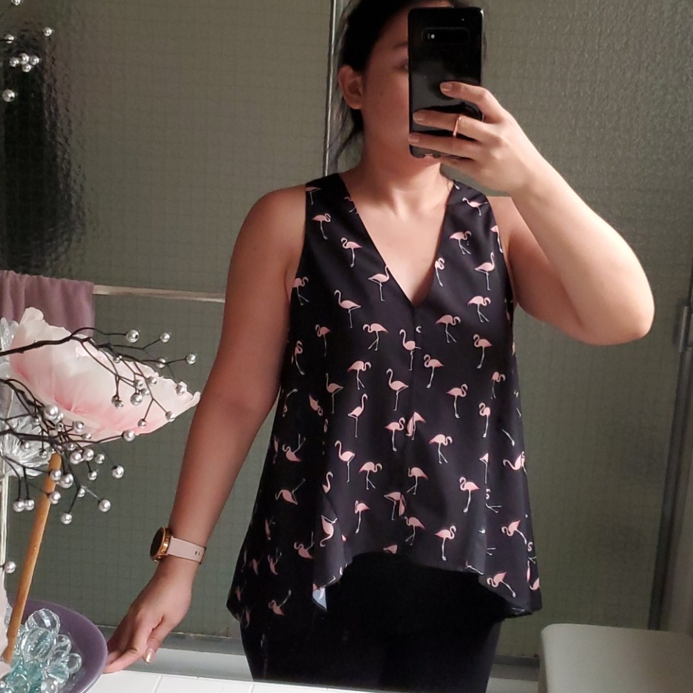 Black Pink Flamingo Sleeve less V neck blouse